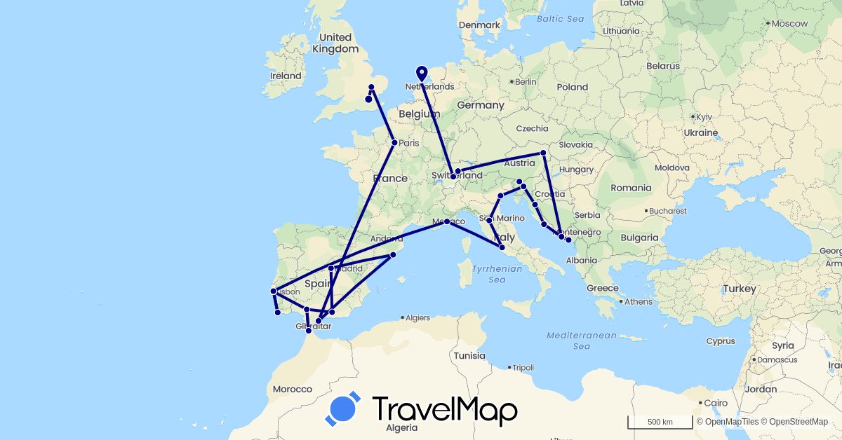 TravelMap itinerary: driving in Austria, Switzerland, Spain, France, United Kingdom, Croatia, Italy, Morocco, Montenegro, Netherlands, Portugal, Slovenia (Africa, Europe)